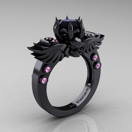 Art-Masters-Winged-Skull-14K-Black-Gold-1-Carat-Black-Diamond-Light-Pink-Sapphire-Engagement-Ring-R613-14KBGLPSBD-P