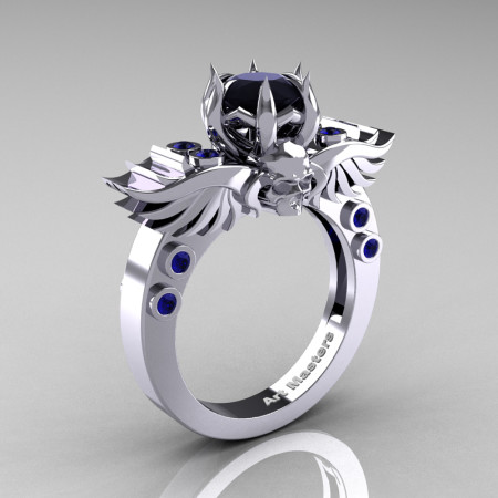 Art-Masters-Winged-Skull-14K-White-Gold-1-Carat-Black-Diamond-Blue-Sapphire-Engagement-Ring-R613-14KWGBSBD-P
