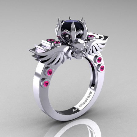 Art-Masters-Winged-Skull-14K-White-Gold-1-Carat-Black-Diamond-Pink-Sapphire-Engagement-Ring-R613-14KWGPSBD-P