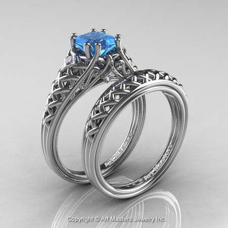 Classic French 14K White Gold 1.0 Ct Princess Blue Topaz Diamond Lace Engagement Ring Wedding Band Set R175PS-14KWGDBT