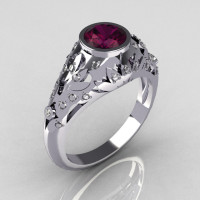 Classic French 14K White Gold 0.65 Carat Amethyst Pave Diamond Designer Ring R302-14WGDAM-1