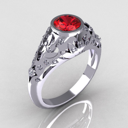 Modern Vintage 14K White Gold 0.65 Carat Red Garnet Pave Diamond Designer Ring R302-14WGDRG-1