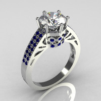 Modern Antique 14K White Gold 1.25 Carat Round CZ Pave Blue Sapphire Solitaire Ring Y233-14KWGCZBS-1