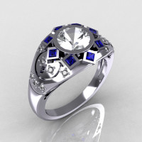 Modern Edwardian 950 Platinum 1.0 Carat Round Diamond Blue Sapphire Ring Y258-PLATDBS-1