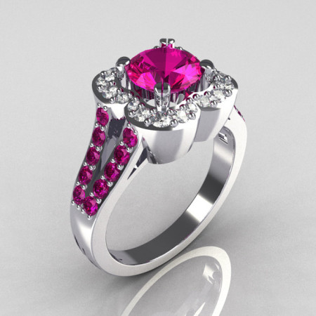 Classic 2011 Trend 10K White Gold 1.0 Carat Pink Sapphire Diamond Celebrity Fashion Engagement Ring R104-10KWGDPS-1