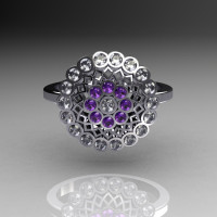 Classic 18K White Gold Diamond Lilac Amethyst Cluster Bridal Ring R107-18KWGDLA-1