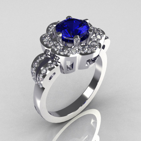 Classic 14K White Gold 1.0 Carat Blue Sapphire Diamond 2011 Trend Engagement Ring R108-14KWGDBS-1
