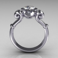 Modern Antique 14K White Gold 1.0 Carat Round White Sapphire Designer Solitaire Ring R122-14WGWS-1