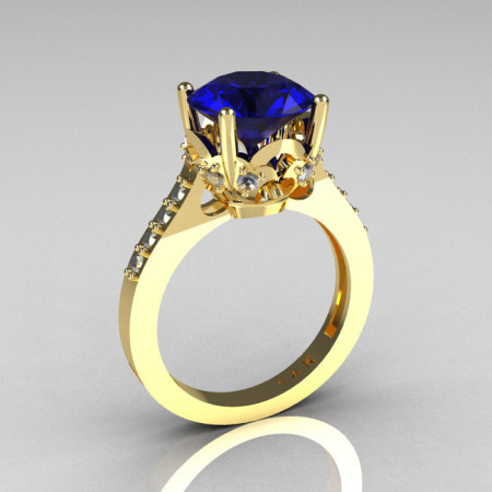 French Bridal 14K Yellow Gold 3.0 Carat Blue Sapphire Diamond Solitaire Wedding Ring R301-14YGDBS-1