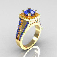 Modern Armenian Vintage 18K Yellow Gold 1.0 Carat Blue Sapphire Citrine Engagement Ring R137-18YGBSCI-1