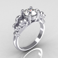 Modern Antique 10K White Gold 1.0 Carat Round White Sapphire Designer Solitaire Ring R141-10WGWS-1