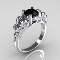 Modern Antique 14K White Gold 1.0 Carat Round Black Diamond Designer Solitaire Ring R141-14WGBD-1