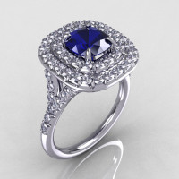 Soleste Style 14K White Gold 1.25 Carat Cushion Blue Sapphire Diamond Engagement Ring R116-14WGDBS-1