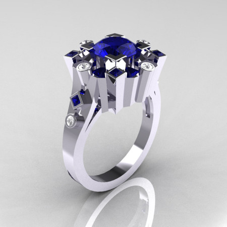 Classic 18K White Gold 1.5 Carat Blue Sapphire Diamond Wedding Ring AR108-18KWGDBSS-1