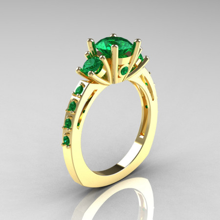 Classic French Bridal 14K Yellow Gold Three Stone 1.0 Carat Emerald Engagement Ring AR112-14KYGEMM-1