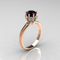 Modern Antique 18K Pink Gold Marquise Aquamarine 1.0 CT Round Black Diamond Solitaire Ring R90-18KPGBDAQ-1