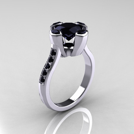 Modern Classic 10K White Gold 1.5 Carat Round Marquise Black Diamond Solitaire Ring AR121-10WGBDD-1