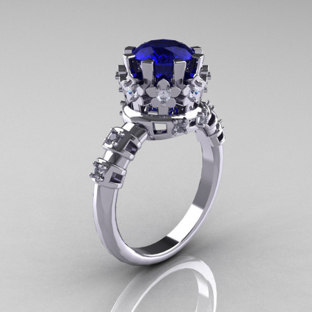 Modern Vintage 950 Platinum 1.5 Carat Blue Sapphire Diamond Classic Armenian Ring AR105-PLATDBS-1