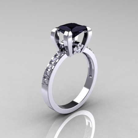 Classic 10K White Gold 1.0 Carat Princess Black and White Diamond Solitaire Engagement Ring AR125-10KWGDBD-1