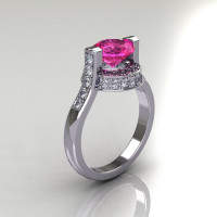 Italian Bridal 18K White Gold 1.5 Carat Pink Sapphire Diamond Wedding Ring AR119-18WGDPS-1