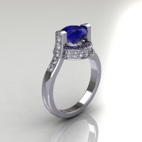Italian Bridal 10K White Gold 1.5 Carat Blue Sapphire Diamond Wedding Ring AR119-10WGDBS-1
