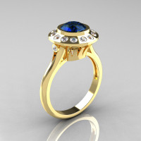 Classic 18K Yellow Gold 1.0 Carat London Blue Sapphire Diamond Bridal Engagement Ring R400-18KYGDLBS-1