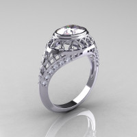 Modern Victorian 10K White Gold 1.16 Carat Oval White Sapphire 0.24 CTW Diamond Bridal Ring R158-10KWGDWS-1