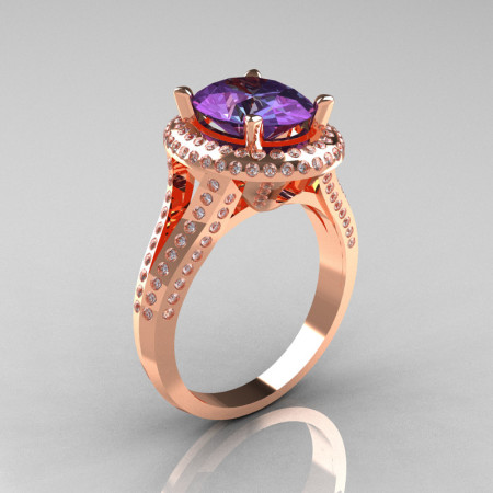 French Bridal 14K Rose Gold 2.5 Carat Oval Alexandrite Diamond Cluster Engagement Ring R164-14KRGDAL-1