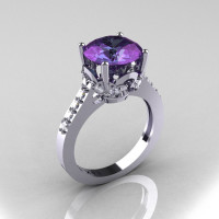 Classic 10K White Gold 3.0 Carat Alexandrite Pave Diamond Solitaire Wedding Ring R301-10WGDAL-1