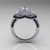 French 14K White Gold Three Stone White Sapphire Black Diamond Wedding Ring Engagement Ring R182-14KWGBDWS-2