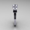 French 14K White Gold Three Stone White Sapphire Black Diamond Wedding Ring Engagement Ring R182-14KWGBDWS-3