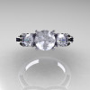 French 14K White Gold Three Stone White Sapphire Black Diamond Wedding Ring Engagement Ring R182-14KWGBDWS-4
