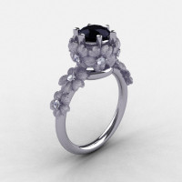 18K White Gold Black and White Diamond Flower Wedding Ring Engagement Ring NN109S-18KWGDBD-1