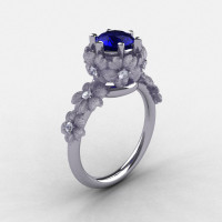 Natures Nouveau 950 Platinum Blue Sapphire Diamond Flower Engagement Ring NN109S-950PLATDBS-1