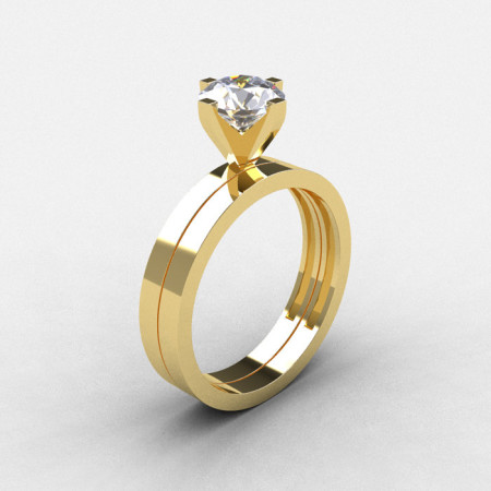 Modern 10K Yellow Gold 1.0 CT White Sapphire Solitaire Engagement Ring Wedding Band Bridal Set R186S-10KRGWS-1