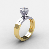 Modern 18K Two Tone Gold 1.0 CT White Sapphire Solitaire Engagement Ring Wedding Band Bridal Set R186S-18KTT1WYGWS-1