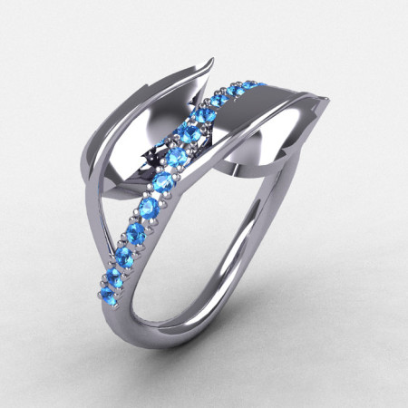 10K White Gold Blue Topaz Leaf and Vine Wedding Ring Engagement Ring NN113-10KWGBT-1
