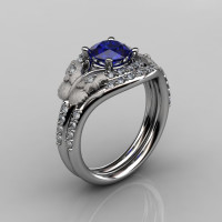 Nature Inspired 18K White Gold 1.0 CT Blue Sapphire Diamond Butterfly and Vine Engagement Ring Wedding Band Set NN117SS-18KWGDBS-1