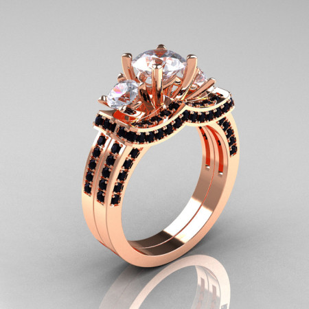 French 14K Rose Gold Three Stone Black Diamond White Sapphire Wedding Ring Engagement Ring Bridal Set R182S-14KRGBDWS-1