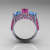 Classic 18K White Gold Three Stone Blue Topaz Pink Sapphire Solitaire Ring R200-18KWGBTPS-2
