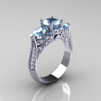 14K White Gold Three Stone Diamond Aquamarine Solitaire Ring R200-14KWGDAQ-1