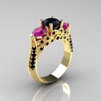 Classic 14K Yellow Gold Three Stone Black Diamond Amethyst Solitaire Ring R200-14KYGBDAM-1