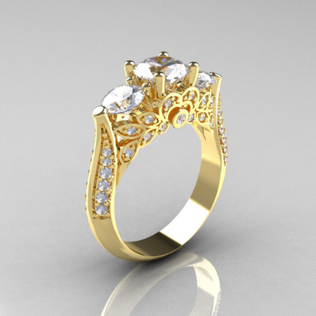 Classic 14K Yellow Gold Three Stone Diamond Cubic Zirconia Solitaire Ring R200-14KYGDCZ-1