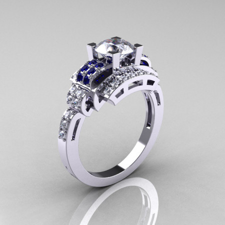 Modern Edwardian 14K White Gold 1.0 Carat White and Blue Sapphire Diamond Ring R202-14KWGDBWS-1