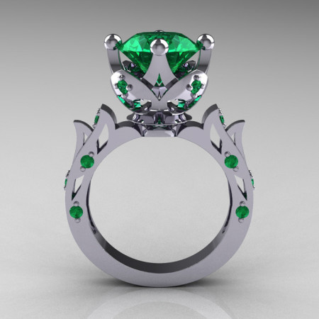 Modern Antique 10K White Gold 3.0 Carat Emerald Solitaire Wedding Ring R214-10KWGEM-1