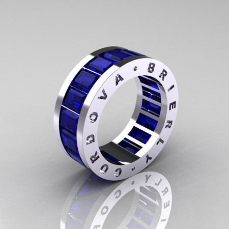 Mens Modern 10K White Gold Blue Sapphire Channel Cluster Infinity Wedding Band R174-10WGBS-1