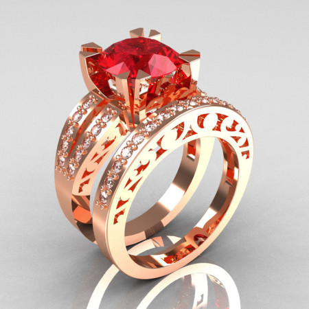 Modern Vintage 14K Rose Gold 3.0 Carat Ruby Diamond Solitaire Ring and Wedding Band Bridal Set R102S-14KRGDR-1