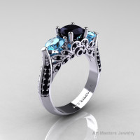 14K White Gold Three Stone Black Diamond Blue Topaz Solitaire Ring R200-14KWGBDBT-1