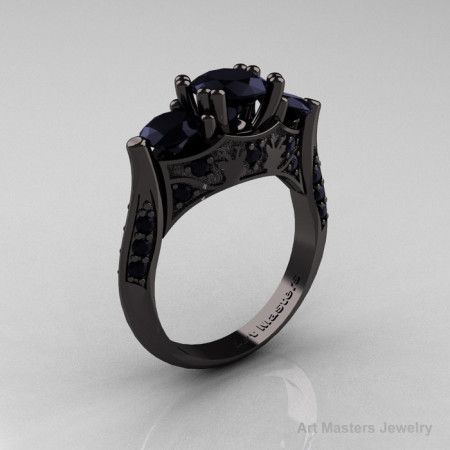 Nature Inspired 14K Black Gold Three Stone Black Diamond Solitaire Wedding Ring Y230-14KBGBD-1