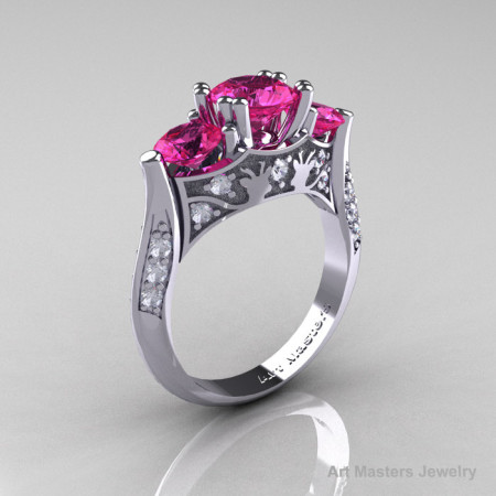 Nature Inspired 14K White Gold Three Stone Pink Sapphire Diamond Solitaire Wedding Ring Y230-14KWGDPS-1
